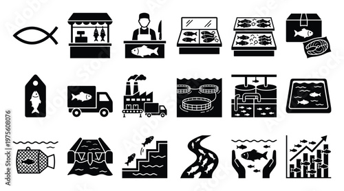 Fish production and seafood industry icons showing aquaculture, fishing, processing, and market sales for business presentations and informational graphics
