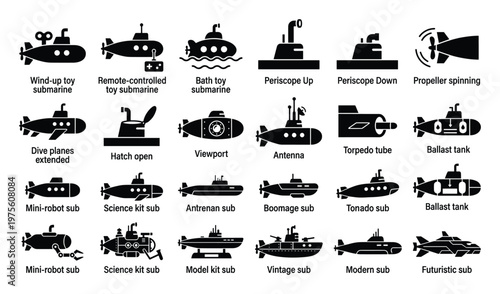 Modern collection of submarine icons featuring diverse models and essential functions such as periscope hatch and propeller movements ideal for marine exploration educational content and