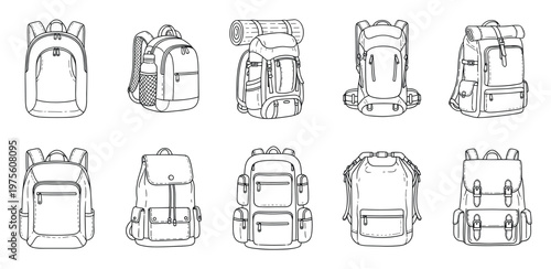 Versatile collection of outline style travel and school backpacks ideal for various outdoor activity and educational product design applications