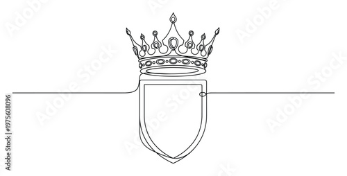 Continuous line drawing of a royal crown on a heraldic shield, ideal for creating majestic logos, distinguished emblems, and sophisticated branding assets