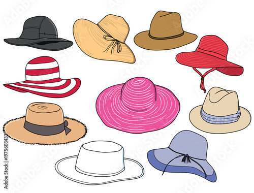 Fotografija Colorful Wide Brim Summer Hats Collection, Fashion Sun Hats Set, Hand Drawn Hat