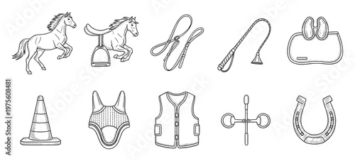 Collection of equestrian equipment and horse related accessories perfect for illustrating horseback riding guides and general equine sports publications