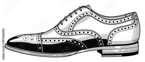 A classic mens wingtip brogue shoe with intricate decorative perforations and serrated edges, perfect for formal wear, business attire, and traditional style guides.