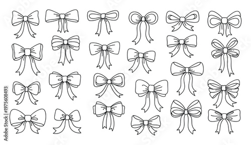 Hand drawn outline collection of decorative ribbon bows for enhancing gift wrapping, holiday festivities, celebration designs, wedding invitations, and craft projects