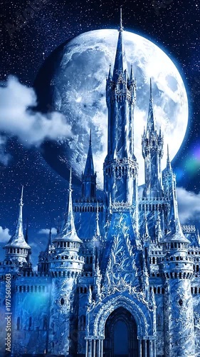 A majestic castle under a full moon at night in a fantasy land