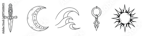 Collection of mystical symbols featuring a detailed dagger, crescent moon, flowing ocean waves, a decorative earring, and a radiant sun, ideal for apparel prints, tattoo designs, and