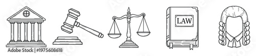 Collection of legal symbols including courthouse building, judge gavel, scales of justice, law book, and judicial wig for educational materials, legal presentations, or justice system