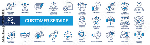 Customer service icon set. Containing experience, feedback, customers, complaint, conflict, satisfied, unsatisfied and more. Blue vector icons collection.
