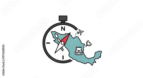 a compass with a map and a red needle pointing to the north on a white background with a blue map of