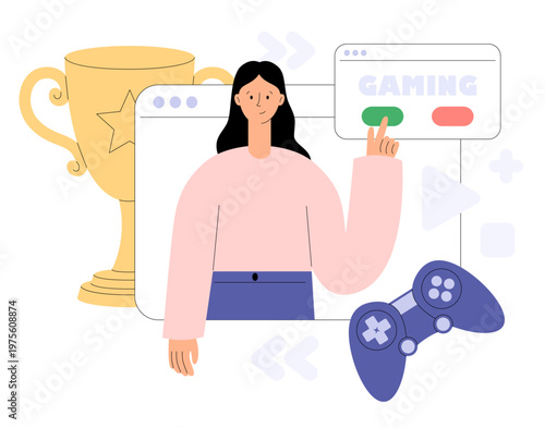 Gaming concept with player using controller and earning trophy. Online video game achievement, competition and entertainment. Flat vector illustration