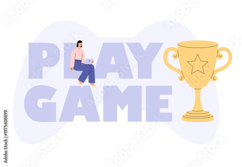 Play game concept with player and trophy. Online gaming achievement, competition and entertainment in digital environment. Flat vector illustration