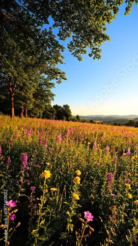 A serene field of colorful wildflowers under a tree at sunset in a rural landscape