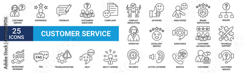 Customer service icon set. Containing experience, feedback, customers, complaint, conflict, satisfied, unsatisfied and more. Outline vector icons collection.