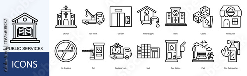 Public services  Icon Set Collection Pack Vector Illustration Concept. Containing Church, Tow Truck, Elevator, Water Supply, Bank icon