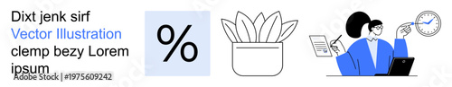Business management, financial services, workplace organization, productivity, time tracking, analytical tools. Visuals include percentage sign, potted plant, professional working with clock