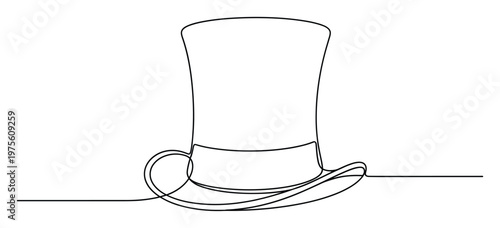 Stylish top hat depicted in a minimalist continuous line drawing style, perfect for event invitations, entertainment branding, or sophisticated website graphics.
