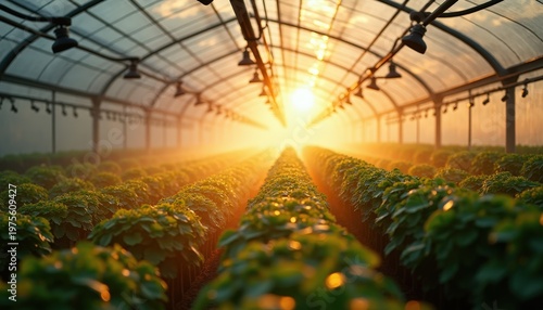 Rows Of Lush Green Plants Growing Inside A Sunlit Greenhouse During Golden Hour With Rows Stretching Into The Distance