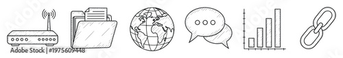 Hand drawn doodle icons for technology, communication, data, and business including a router, folder, globe, chat, graph, and link for web design and informational graphics.