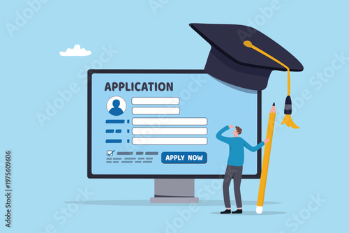 Apply for education scholarship, school, university or college application, academic degree opportunity admission, learning course concept, young student applying online scholarship application.