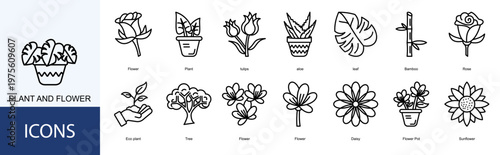 Plant and flower  Icon Set Collection Pack Vector Illustration Concept. Containing Flower, Plant, tulips, aloe, leaf icon