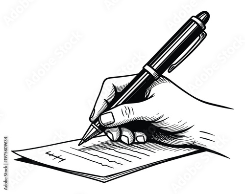 Human hand holding a pen and writing on a document, symbolizing communication, business, or education for various textual content applications.