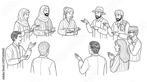 Diverse group of Arab, Asian, and other people engaging in a discussion, illustrating global communication and collaboration for business or educational presentations