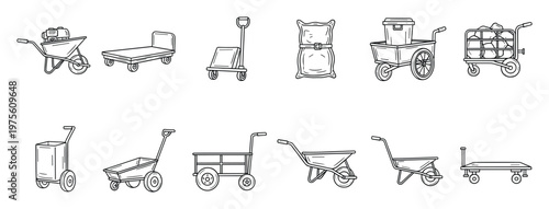 Collection of various utility carts wheelbarrows and hand trucks essential for material handling and transportation solutions in warehouses gardens and construction sites