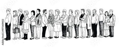 Diverse group of people standing in a long queue waiting patiently for service or transportation portraying everyday life situations