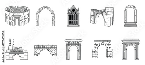 Architectural line drawings depicting diverse archways and historical building structures suitable for educational materials graphic design projects and construction engineering
