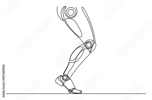 Continuous line drawing depicting a modern robotic leg in motion, showcasing advanced biomechanics and futuristic prosthetic technology for rehabilitation and innovative engineering