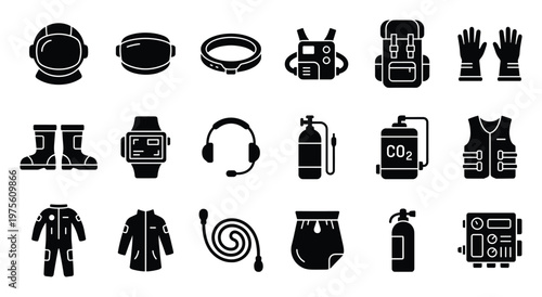 Diverse collection of essential safety equipment icons depicting adventure gear, personal protection devices, and specialized tools perfect for depicting various industrial, outdoor, and