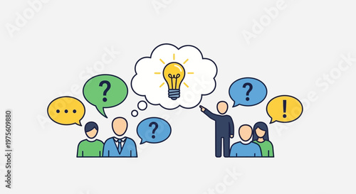 Team brainstorming session with lightbulb idea and speech bubbles illustration
