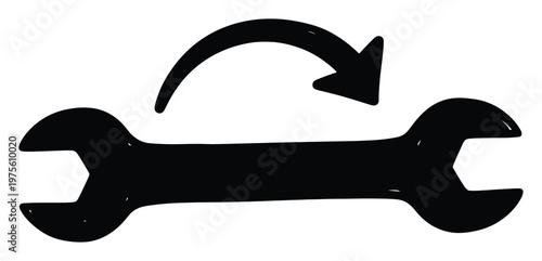 Hand drawn stylized wrench and curved arrow representing settings or maintenance options useful for digital icons, application development, or technical service branding materials