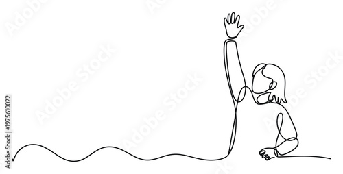 A minimalist one line drawing of a person raising their hand to ask a question or participate in a discussion, suitable for educational materials, communication themes, or abstract concepts.