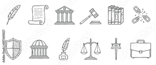 Comprehensive collection of law and justice symbols for legal firm branding, educational materials, and courtroom related graphic presentations