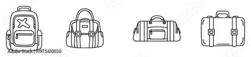 Collection of travel bags and luggage icons in a simple outline style perfect for holiday planning, journey preparation, or vacation related content
