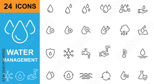 Water Management Icons, Water Drop, Rain Cloud, Faucet, Hand Wash, Eco Water, Hydration, Plumping, Fluid, Liquid, Nature, Conservation, Ecology, Aqua.