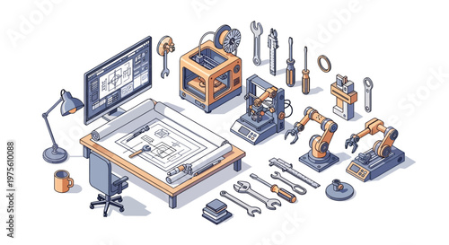 Isometric illustration of an engineering workspace featuring robotic arms and a 3D printer, set against a white background, with a cool color palette conveying a precise and technical mood