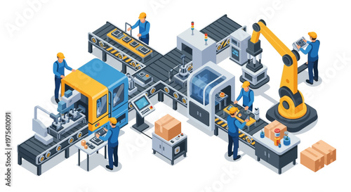 Isometric illustration of a factory production line with workers overseeing automated machines assembling products, rendered in a bright, clean style against a white background
