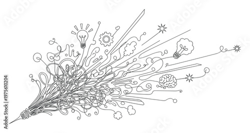 Dynamic visual representation of an unraveling thought process, transforming tangled challenges into clear ideas and ingenious innovations perfect for conceptual projects.