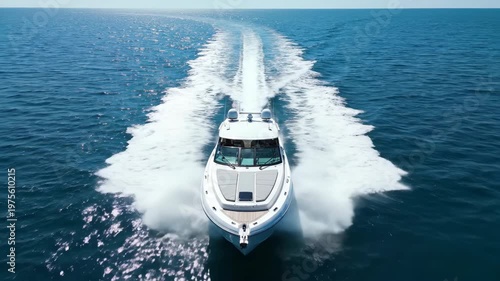 Aerial view of a luxury motor yacht speeding across open blue sea, leaving a white wake behind, ideal for boating, charter travel, marine transport, and ocean adventure marketing content.