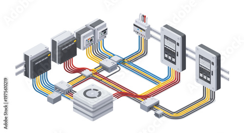 Isometric vector illustration of a complex machine system, showcasing electricity distribution and factory engineering with colorful wiring and detailed components, rendered in a clean