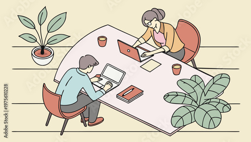 Vector illustration of creative team workshop discussion. Office collaboration, design thinking, brainstorming meeting, teamwork strategy, startup culture, and productivity concept.