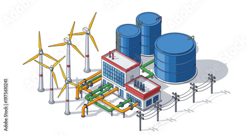 Isometric vector illustration featuring a factory with wind turbines and storage tanks, connected by pipes, with electricity lines, conveying a sense of industry and clean energy
