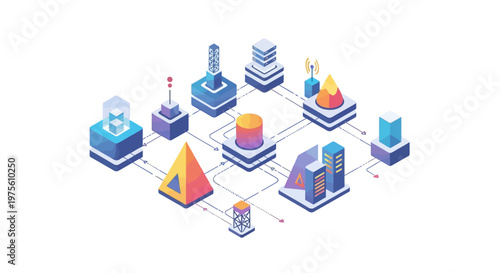Isometric vector illustration of a machine system shows a network of factory engineering, each building displaying a different icon and connected by lines, against a clean white background