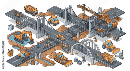 Isometric vector illustration depicting a construction site with various construction machines working on a bridge system, set against a white background, conveying a sense of industry