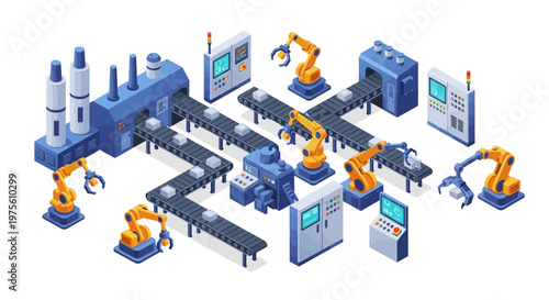 Isometric vector illustration depicting a complex factory engineering system with robotic arms on conveyor belts, set against a clean white background, showcasing the intricate design