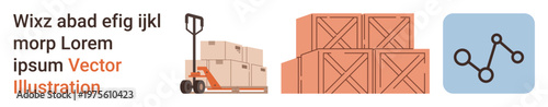 Delivery services, supply chain management, e-commerce, product distribution, inventory tracking, warehouse logistics. Hand pallet truck, stacked boxes network connection symbol. Delivery services