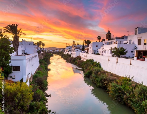 A serene river flows through a small town at sunset (1)