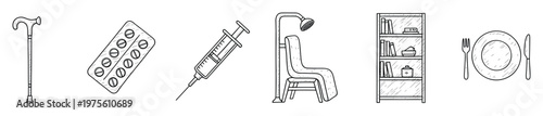 Hand drawn black and white doodle icons of daily essentials including walking aid medication syringe shower chair bookshelf and dining items for healthcare and home projects.